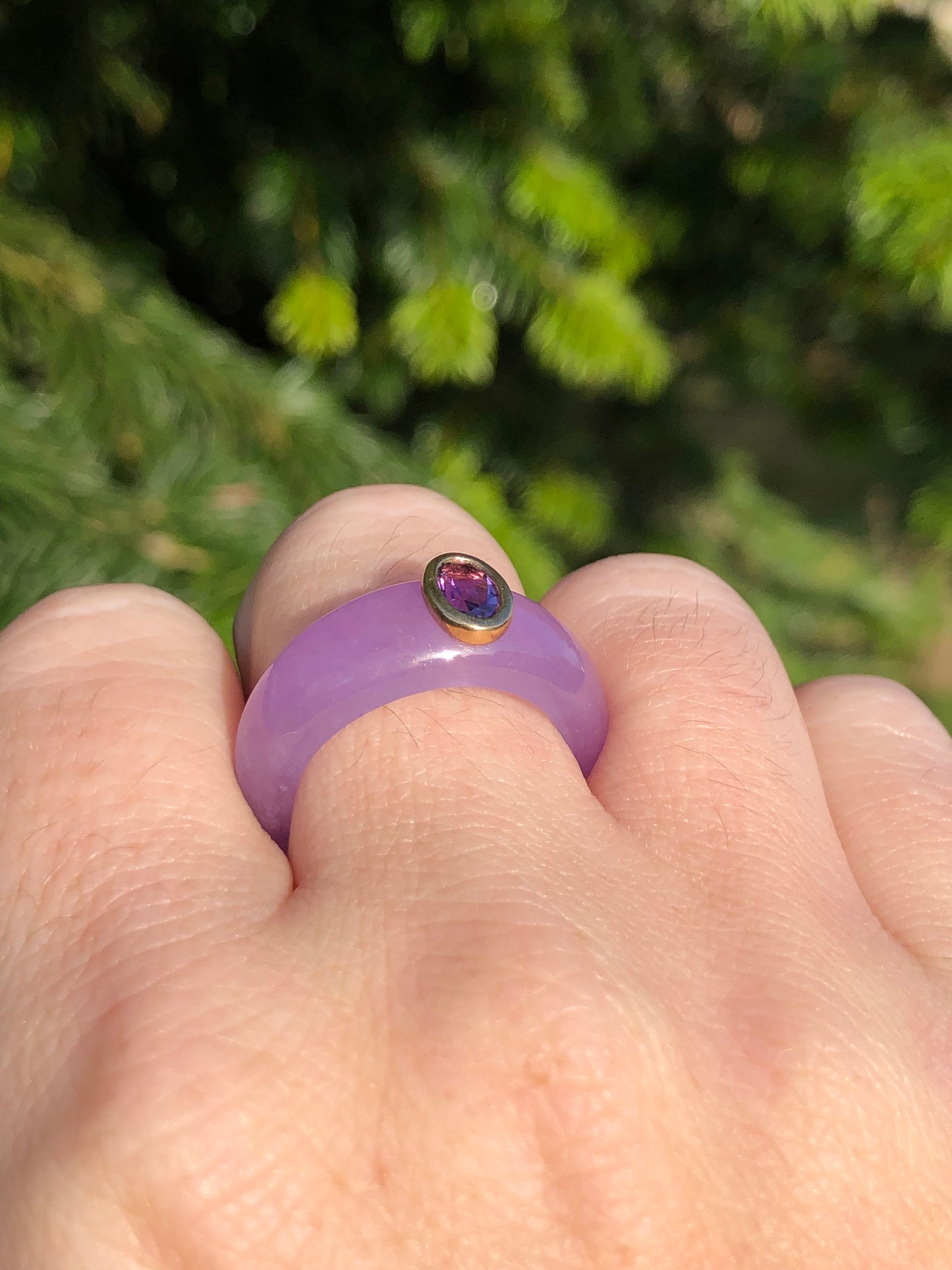 Chunky Purple Jade Ring with a 9ct Bezel Set Amethyst