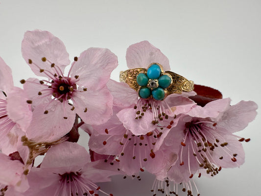 Victorian 15ct Gold Forget me not Turquoise and rose cut diamond, Mourning Ring.