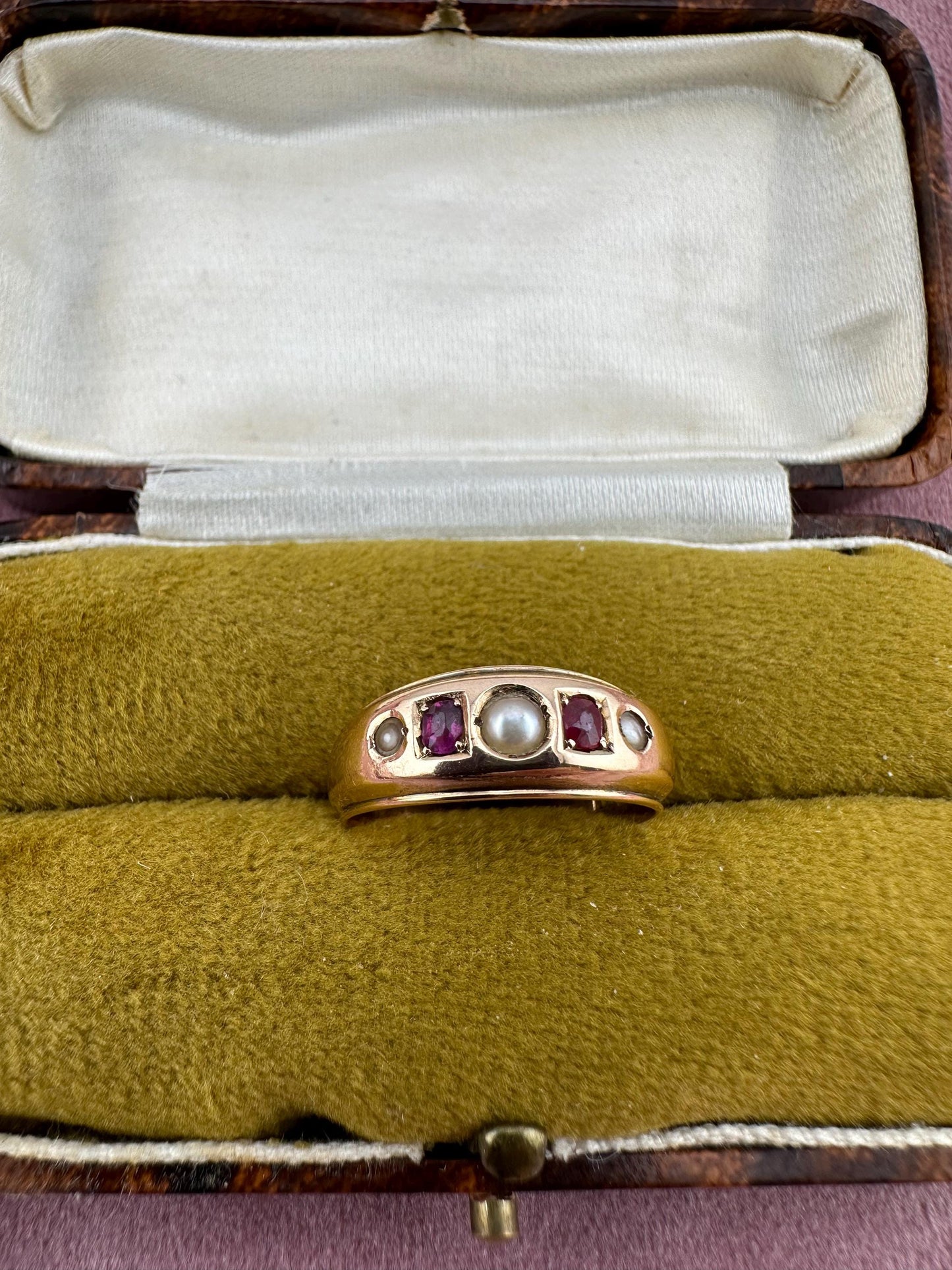 Victorian 15ct pearl and ruby gypsy ring, 1890