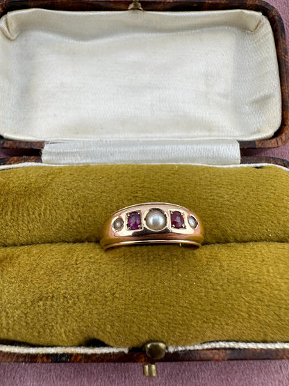 Victorian 15ct pearl and ruby gypsy ring, 1890