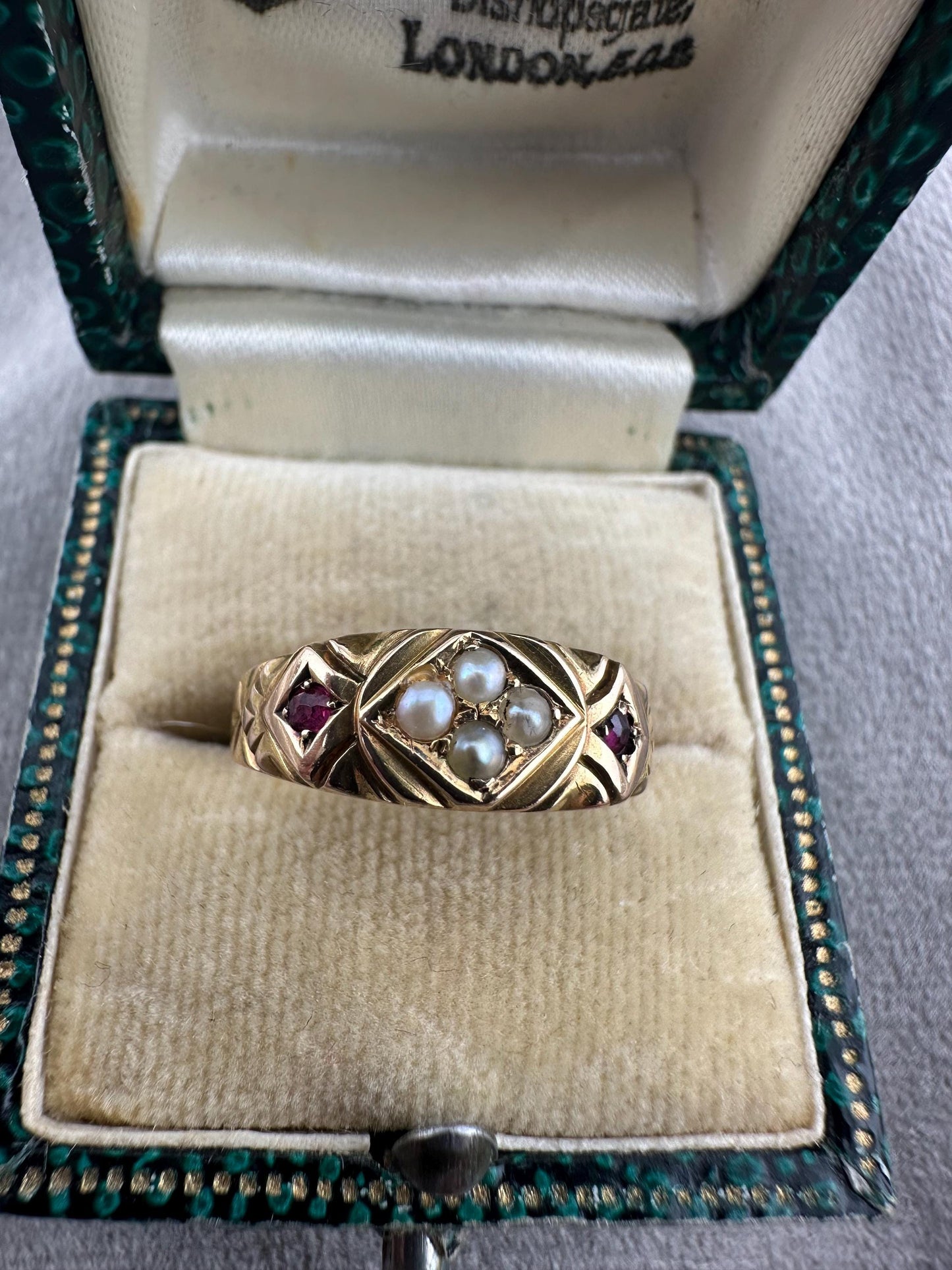 Victorian 15ct ruby & pearl gypsy ring, 1892