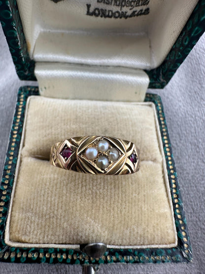 Victorian 15ct ruby & pearl gypsy ring, 1892