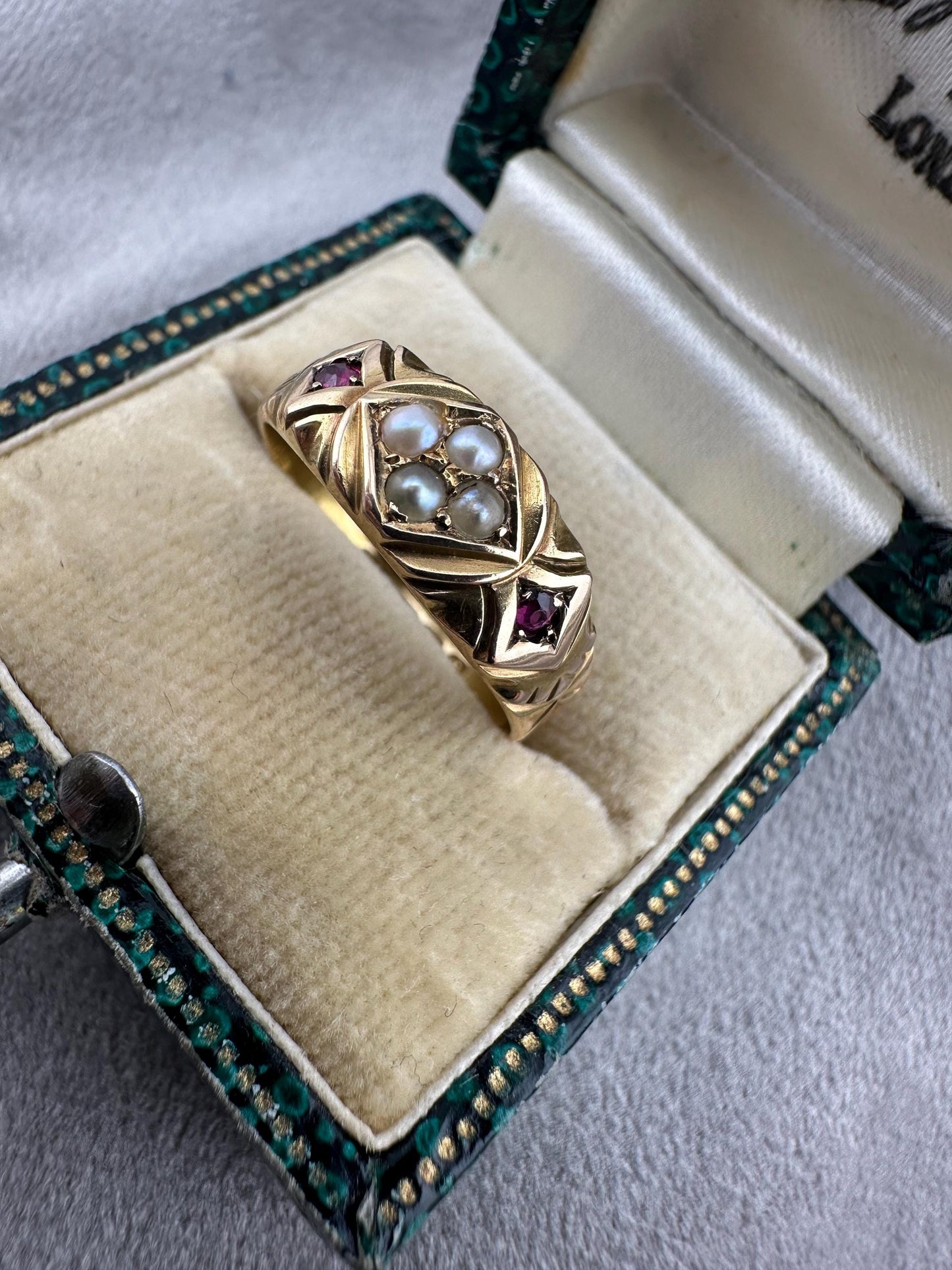 Victorian 15ct ruby & pearl gypsy ring, 1892