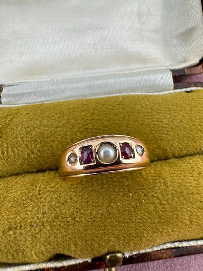 Victorian 15ct pearl and ruby gypsy ring, 1890