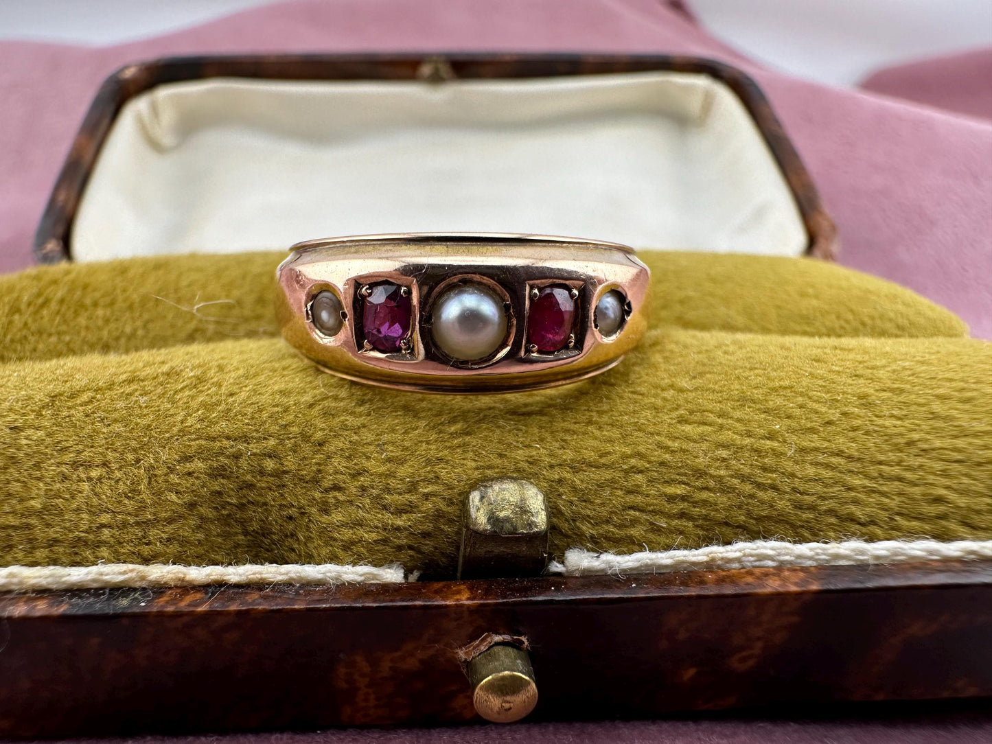 Victorian 15ct pearl and ruby gypsy ring, 1890