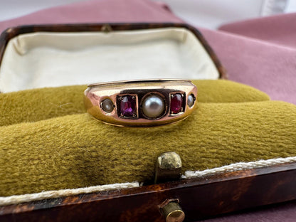 Victorian 15ct pearl and ruby gypsy ring, 1890