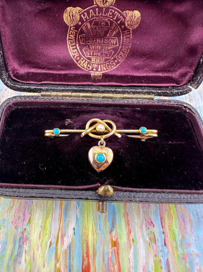 Victorian 15ct Gold Turquoise & Pearl dangle Heart safety pin brooch/extender