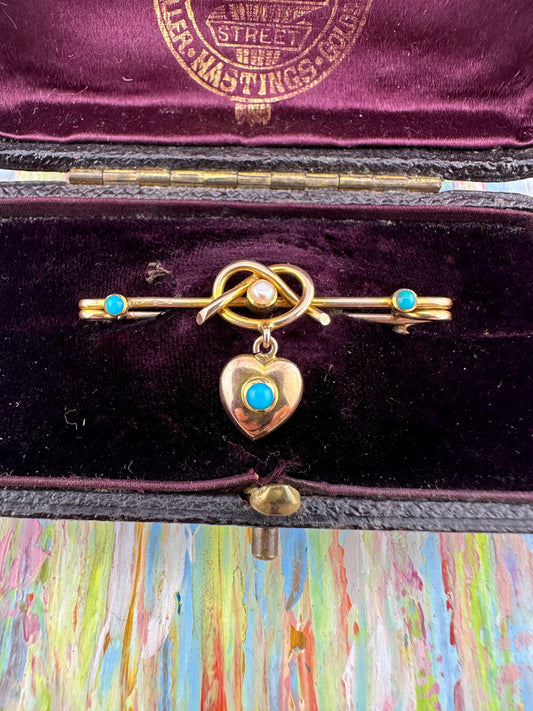Victorian 15ct Gold Turquoise & Pearl dangle Heart safety pin brooch/extender