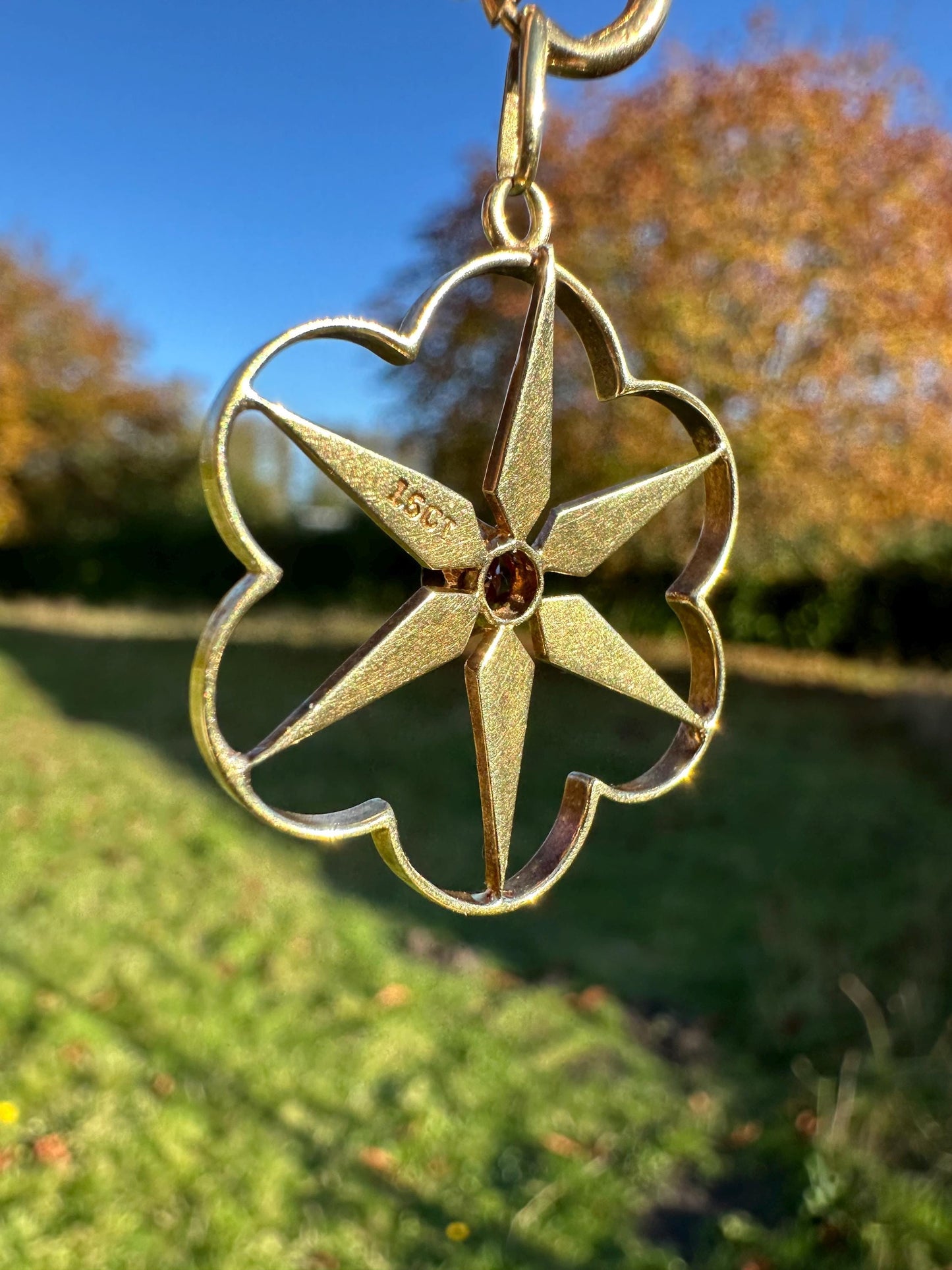 Edwardian 15ct gold garnet & seed pearl open work pendant