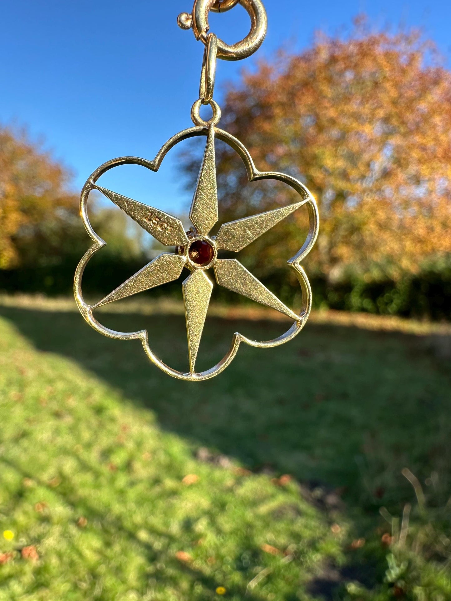 Edwardian 15ct gold garnet & seed pearl open work pendant