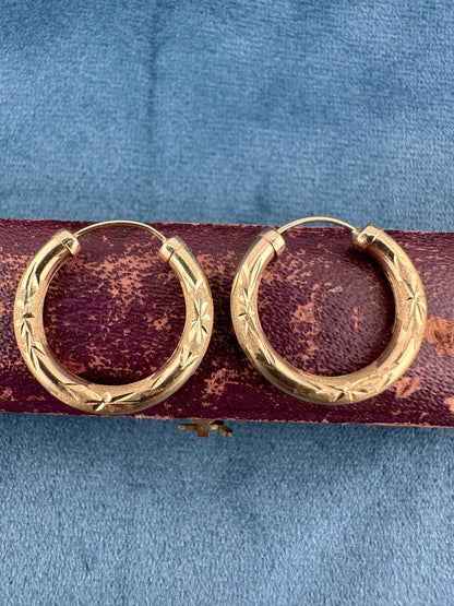 9ct Gold Round Patterned hoops, 2cm diameter