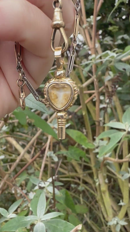 Antique 9ct Gold Heart Watch Key Fob, with Chalcedony & foiled back Rock Crystal