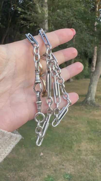 Antique Sterling Silver double Trombone chain with two dog clips