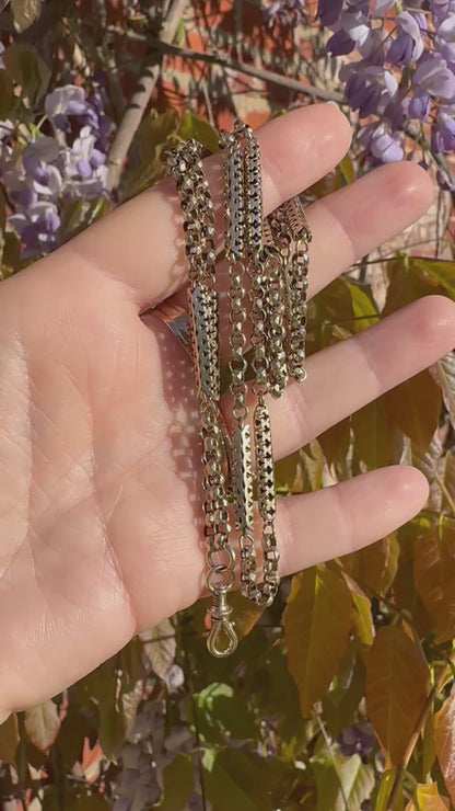 Antique 9ct Gold Fancy Bar and faceted Belcher chain with screw top dogclip