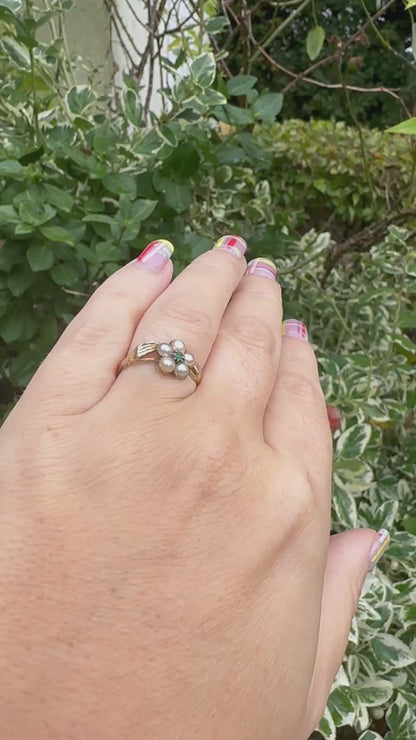 14ct Pearl and Green Paste Hands holding a forget me knot ring