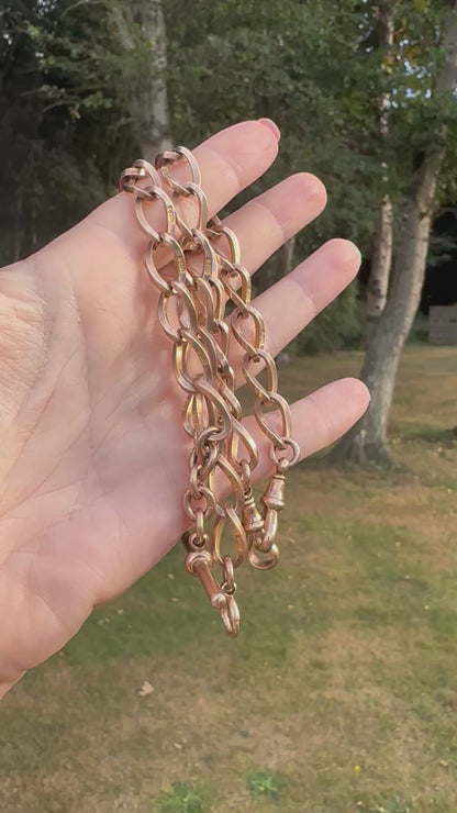 Antique 9ct Rose Gold Open Link Albert Chain with two dog clips, T-Bar and bolt