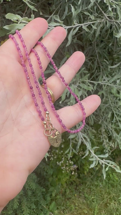 Ruby & Pink Tourmaline mix Mini beads with vintage 9ct Gold heart padlock