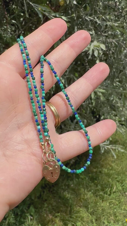 Turquoise, Malachite & Lapis Lazuli Mini beads with vintage 9ct Gold Heart padlock