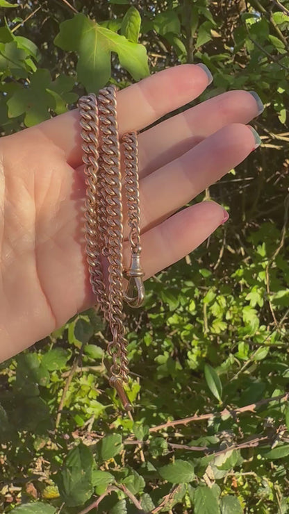 Antique 9ct Rose Gold Graduated Curb Albert chain with double faceted dog clips and fixed T-bar