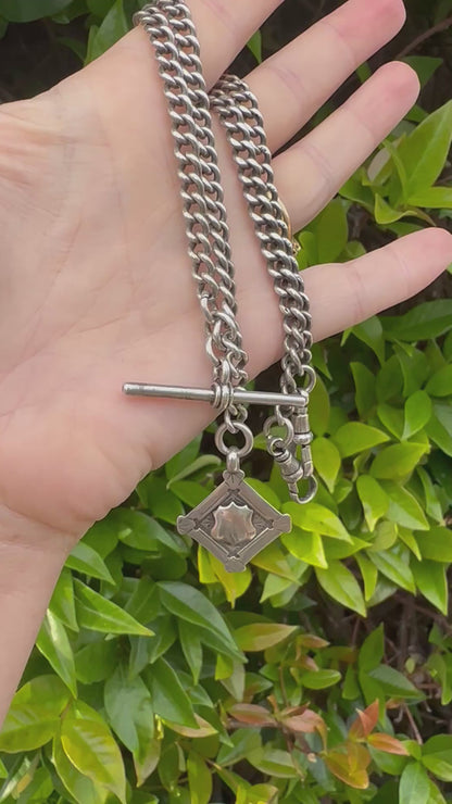 Antique Sterling silver Albert chain, with two dog clip, t-bar and fob