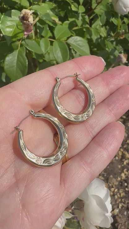 9ct Gold Flower patterned round hoops