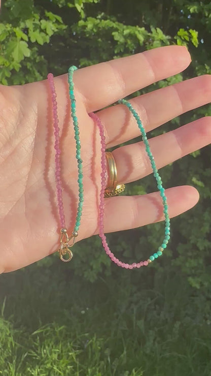 Blush & Tide- Pink Tourmaline and turquoise mini beaded necklace with 9ct gold antique bolt clasp