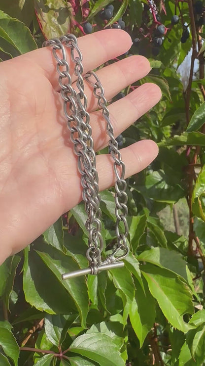 Vintage Sterling Silver Long & Short Curb Albert chain with T-bar & swivel dog clip.