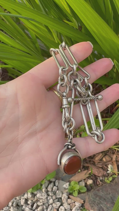 Antique Sterling Silver Trombone Albert chain with fob, 1886