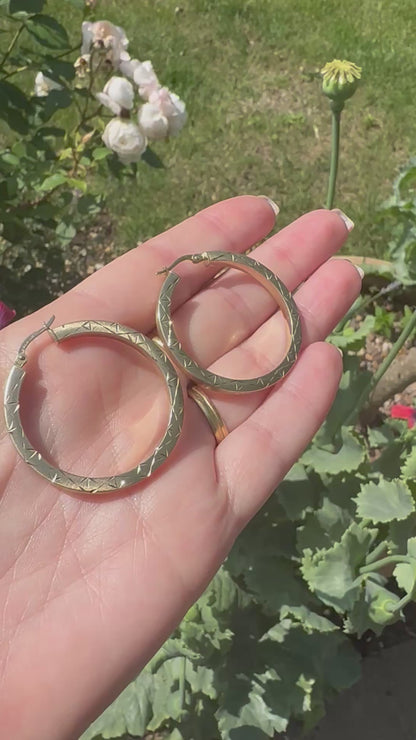 14ct Brushed Gold with star etched pattern hoops
