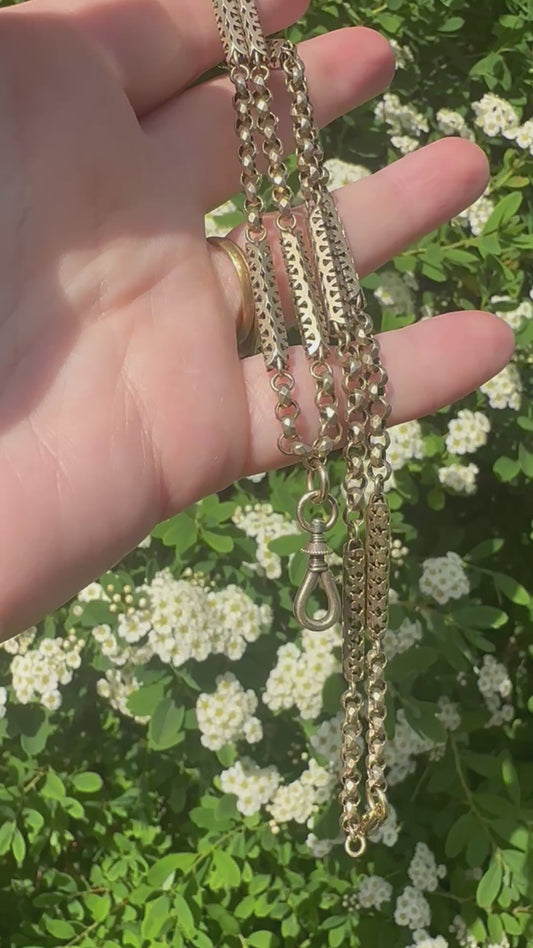 Antique 9ct Gold Fancy Bar and faceted belcher chain with screw top dog clip