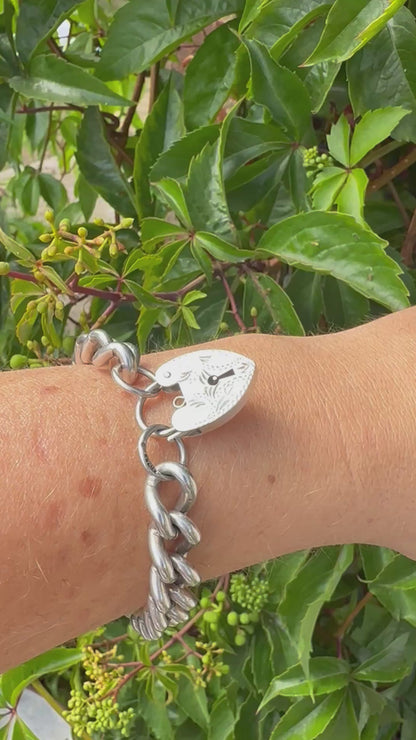 Sterling Silver Chunky curb bracelet with XL engraved heart padlock