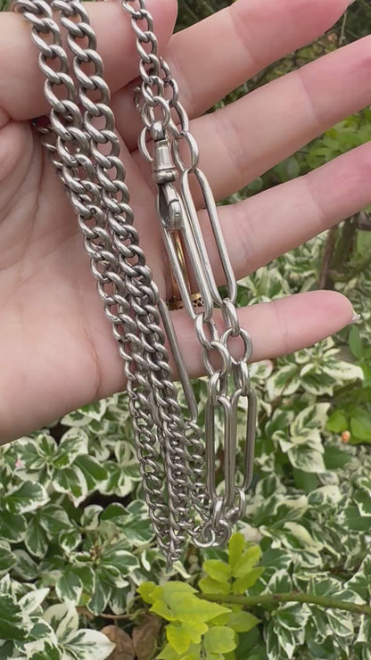 Sterling Silver Trombone and Curb Long Guard Chain with dog clip
