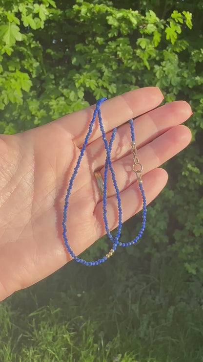 Azure- Lapis Lazuli Mini beaded necklace with asymmetrical design with 9ct antique bolt clasp.