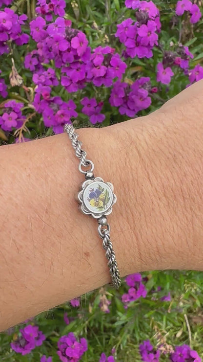Sterling silver Rope bracelet with Pansy panel