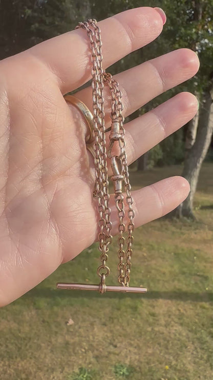 Reserved Belinda- Antique 9ct Rose Gold cable Albert chain with floating T-bar and double dog clips