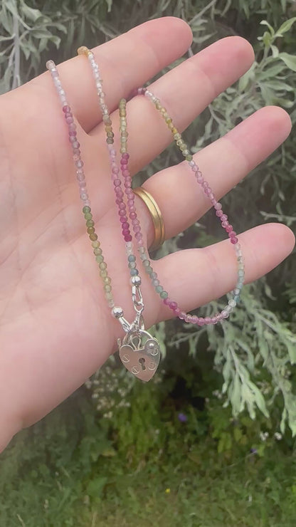 Ombré Tourmaline Mini Beaded necklace with Vintage Sterling Silver Heart Padlock
