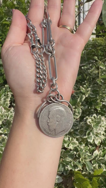 Antique Sterling Silver Trombone Albert chain with coin and curb extender