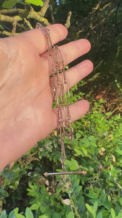 Antique 9ct Rose Gold Trombone and twist Albert chain with bolt clasp and T-bar