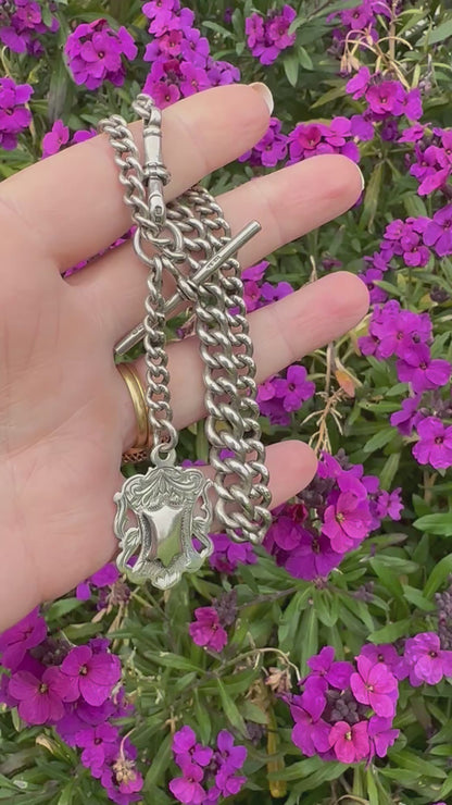 Sterling Silver Graduated Curb Albert with dog clip, fob and T-Bar