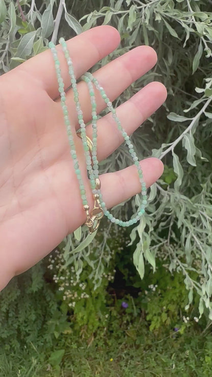 Asymmetrical Australian Chyrsoprase mini beaded necklace with 9ct Bolt clasp and oval bead
