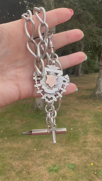 Antique Sterling Silver Open Curb Albert Chain with Sheild Fob, T-Bar and Silver plated pencil