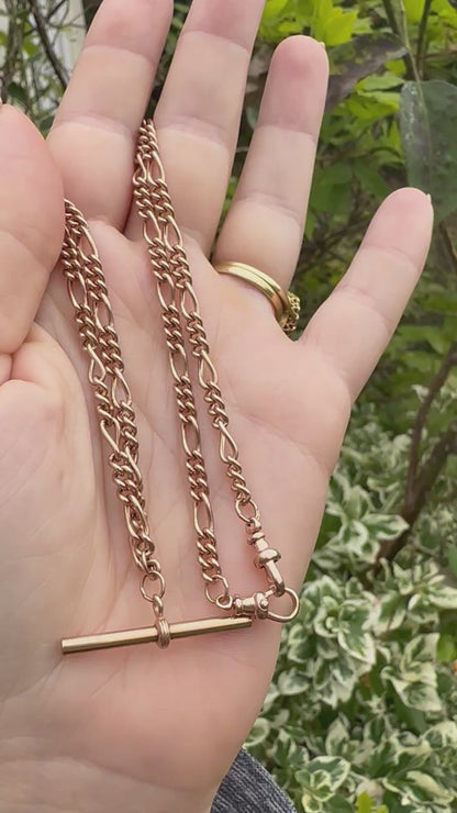 Vintage 9ct Rose Gold Figaro/long and short link chain with 2 dog clips and t-bar