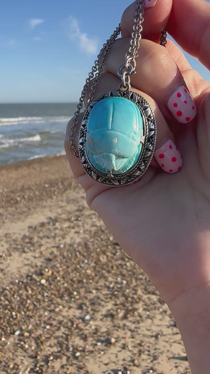 Sterling silver Faience Scarab Pendant with Sterling chain