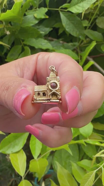 Vintage 9ct Gold Articulated Church Charm with enamelled bride, groom, vicar and Stanhope lense