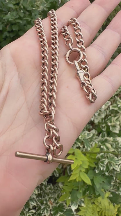 Antique 9ct Gold Curb Albert chain with bolt, dog clip and floating t-bar