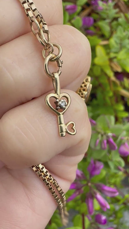 Vintage 9ct Gold Heart Key charm with diamond