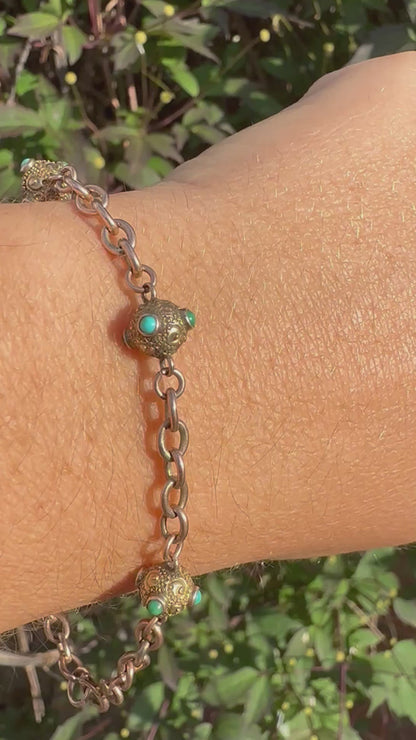 Antique 9ct Rose Gold Turquoise Orb and cable link bracelet with bolt clasp