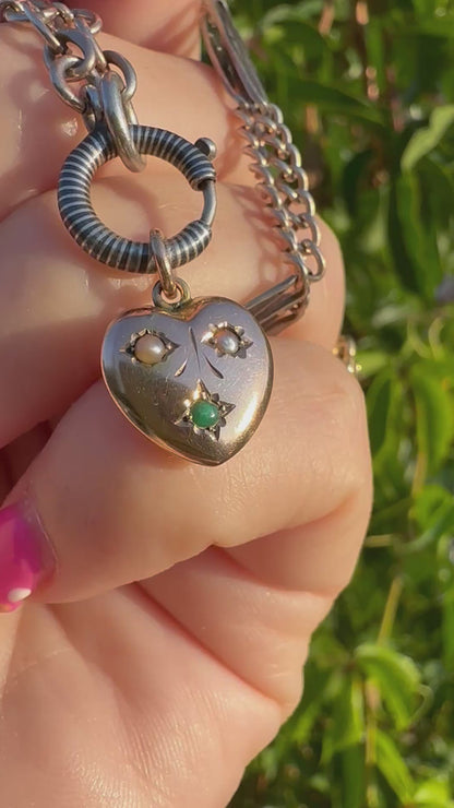 Antique 9ct rose gold heart with flush set pearls and turquoise.