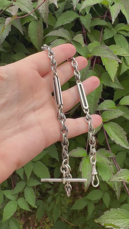 Antique Sterling Silver Bar and lovers knot Albert chain with T-bar and dog clip