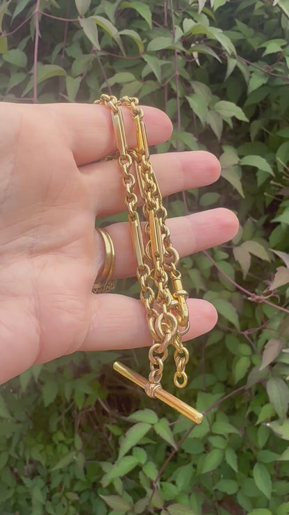 Antique 9ct Yellow Gold Trombone & Lovers Knot Albert chain with double dog clips